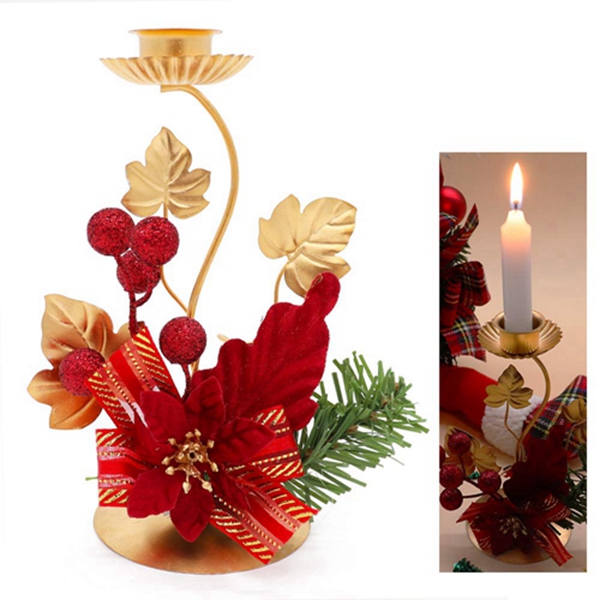 Racdde Christmas Candle Holder, Metal Candlestick Decorative Poinsettia Glitter Red Ornaments Candelabrum Holiday Candlelight Stand for Xmas Dining Room Decoration Display Home Decor, Gold 