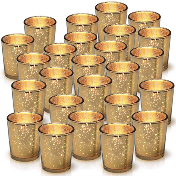 Racdde Gold Mercury Votive Candle Holder Set of 25 - Mercury Glass Tealight Candle Holder with A Speckled Gold Finish - Adds The Perfect Ambience to Your Christmas Table Decorations 