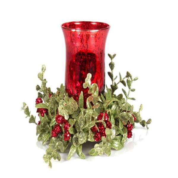 Racdde Kissing Krystals Small Red Mecury Glass Hurrican Candle Holder and Mistletoe Set 