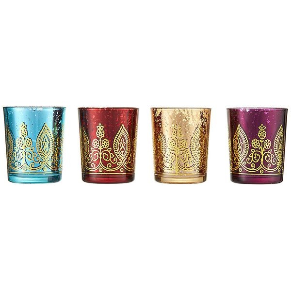 Racdde Indian Jewel Henna Glass Votives, Tealight Candle Holders, Wedding Decorations/Favors, Assorted Colors (Set of 4) 
