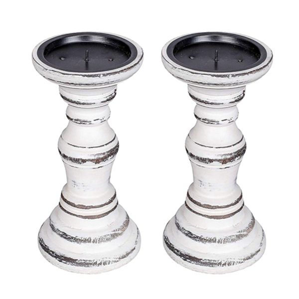 Racdde Candle Stands Wooden for Pillar Candles,Rounded Turned Colums, Sustainable Woods, Country Style, Idle for Reiki, Aromatherapy, Votive Candle Garden Home décor - 6 Inch Set of 2 - White Antique 