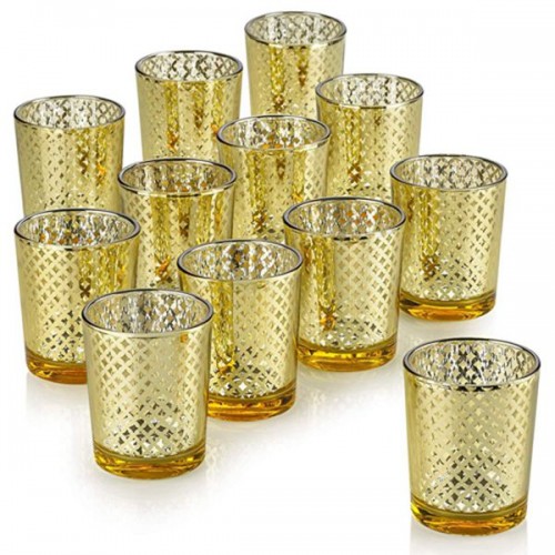 Racdde Mercury Glass Candle Holders for Votive Candles and Tealights Set of 12 – Lattice Gold Finish Perfect for Wedding and Home Decor 