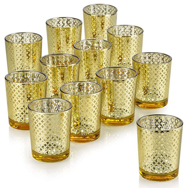Racdde Mercury Glass Candle Holders for Votive Candles and Tealights Set of 12 – Lattice Gold Finish Perfect for Wedding and Home Decor 