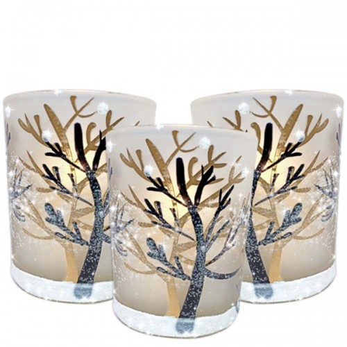 Racdde Glittery Winter Trees and Snow Set of 3 Frosted Glass Tealight Candle Holders with Three Flameless Flickering LED Candles Included 