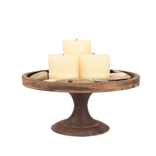 Racdde Rustic Worn Natural Wood and Metal Pedestal Tray, Decorative Pillar Candle Holder, For Centerpieces, Mantel Decoration, or Any Table Top, Large 