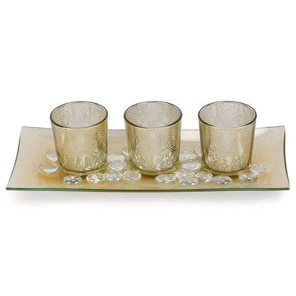 Racdde Decorative Glass Candle Holder Set with LED Tealights, Ornamental Glass Stones & Glass Tray 