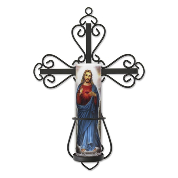 Racdde Decorative Scrolled Metal Cross Wall Sconce with Jesus LED Candle, Religious Gift Ideas for Friends and Family 