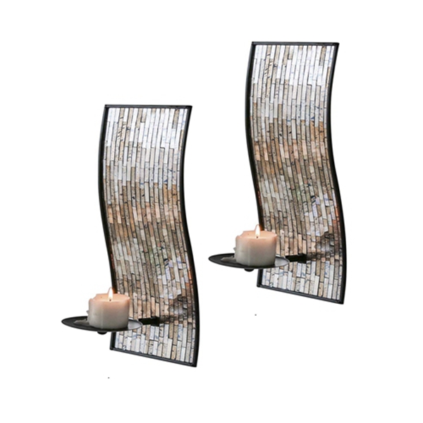 Racdde Decorative Metal Wall Candle Sconce - Mosaic Glass Set of 2 Pack (Brown) 