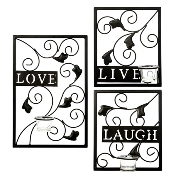 Racdde's Set of 3 Tealight Iron Wall Sconce - Laugh, Love, Live, Dark Brown, Hand made by Artisans. Ideal Gift for Wedding, Special Occasion, Spa, Aromatherapy, Tea Light / Votive Candle Gardens O3 