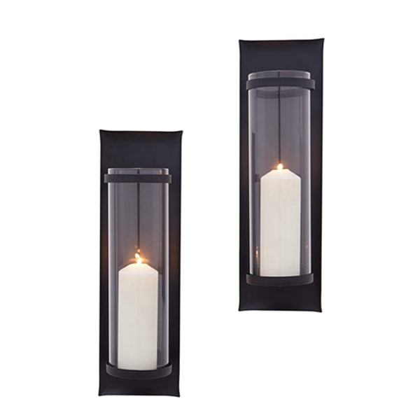 Racdde Metal Pillar Candle Sconces with Glass Inserts - A Wrought Iron Rectangle Wall Accent (Set of 2), Black 