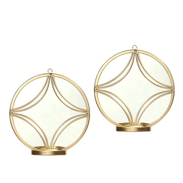 Racdde Set of 2 Wall Gold Finish Circle Mirror Wall Sconces 8 Inch Diameter Iron Modern Wall Art Plaque Ideal Gift for Weddings Parties Spa Aromatherapy LED Tealight Candle Garden O5 