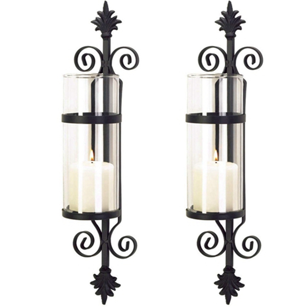 Racdde 2 Black Iron French Hurricane Candle Holder Wall Sconce 