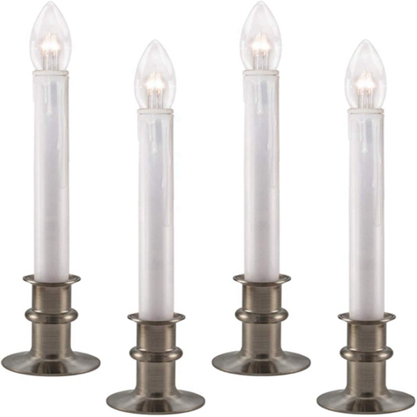 Racdde Ultra-Bright LED Window Candles with Timer, Battery Operated, Metal Base, White Candlestick, Adjustable Height (Pack of 4, Brushed Nickel) 