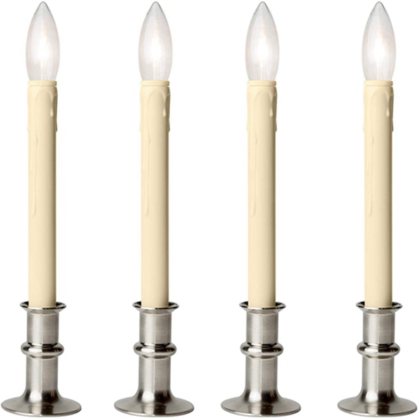 Racdde Set of Four Adjustable Height Battery Operated LED Window Candles with Daily Timer Ivory Candle Stick. (Brushed Nickel) 