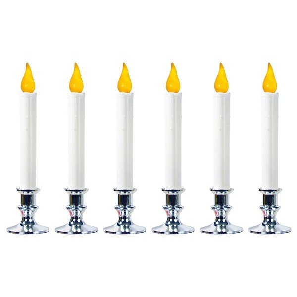 Racdde 9 Inch High Battery Operated Candelier Candle Lamp in Silver with Timer 6 Pack - Cordless, Natural Amber Glow Tip 
