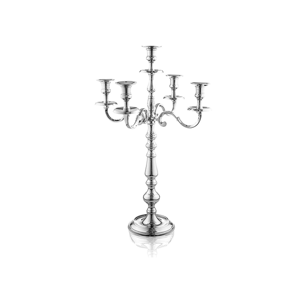 Racdde Traditional 16 Inch Silver 5 Candle Candelabra - Classic Elegant Design - Wedding, Dinner Party And Formal Event Centerpiece - Nickel Plated Aluminum, Mirrored Finish 
