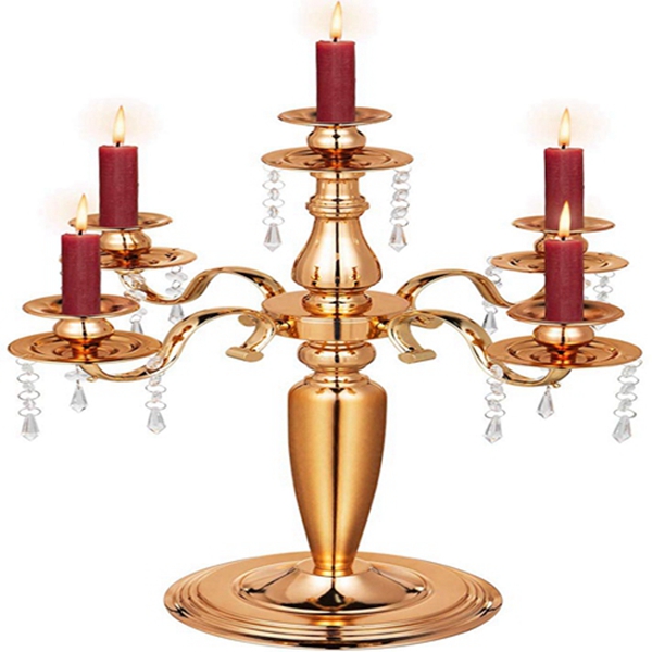 Racdde 5 Arm Candelabra 25.2 Inch Height Gothic Candelabra with Acrylic Drops Aluminum 5 Arms Candle Holders Gold Candelabra Centerpiece for Weddings Home Party 