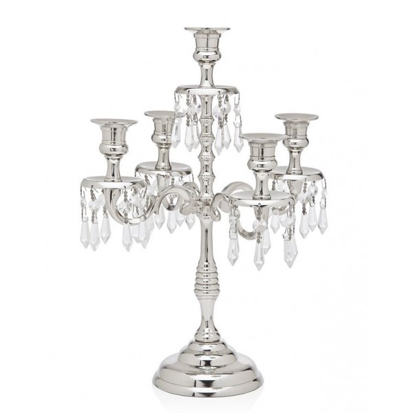 Racdde Silver Art Ribbed Nickel Plated 5 Light Candelabra With Hanging Crystal Drops 