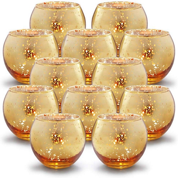 Racdde Round Gold Votive Candle Holders Bulk, Mercury Glass Tealight Candle Holder Set of 12 for Wedding Decor and Home Decor 