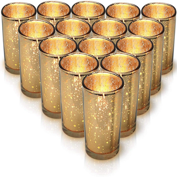 Racdde Gold Mercury Votive Candle Holder Set of 15 - Made of Mercury Glass with A Speckled Gold Finish - Adds The Perfect Ambience to Your Wedding Decorations Or Home Decor 