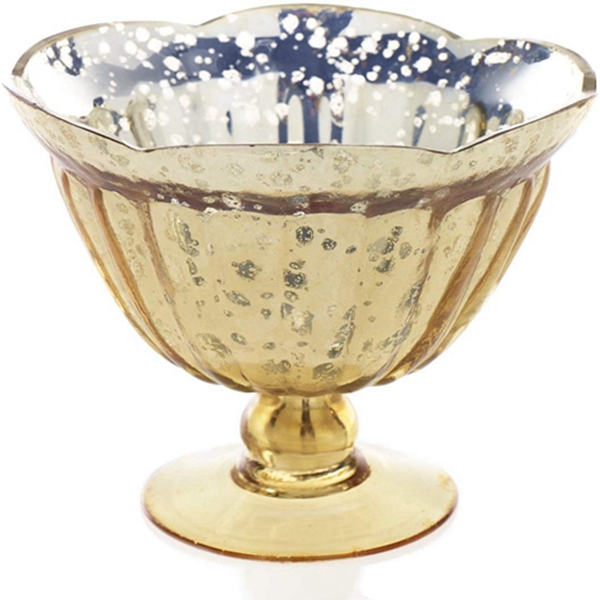 Racdde Mercury Glass Compote w/ Pedestal Base, 5.5 in. tall, Scalloped, Gold 