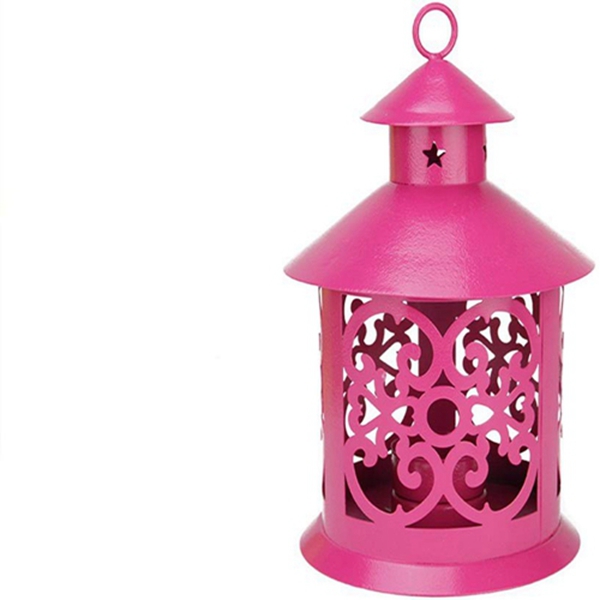 Racdde Shiny Pink Votive or Tea Light Candle Holder Lantern with Star and Scroll Cutouts, 8" 