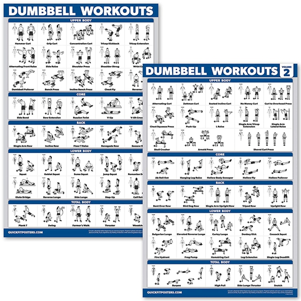 Racdde 2 Pack Dumbbell Workout Exercise Posters - Volume 1 & 2 - Free Weight Body Building Exercise Charts - 18" x 27" - Vol. 1 & 2 