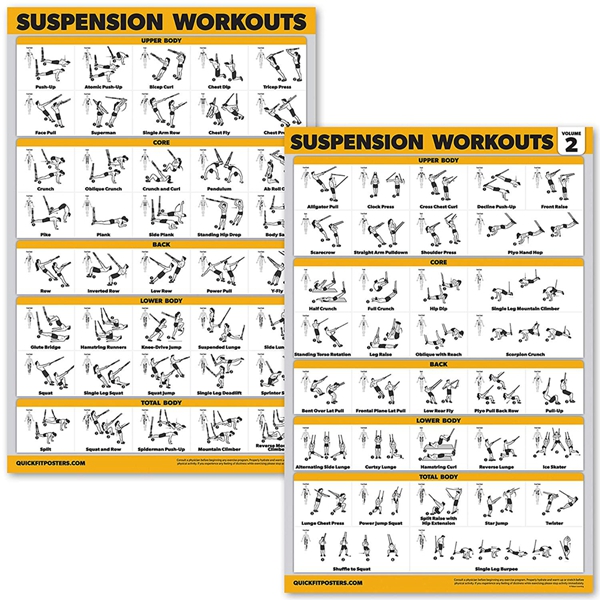 Racdde 2 Pack Suspension Workout Posters - Volume 1 & 2 - Laminated Exercise Charts - 18" x 27" Vol. 1 & 2 