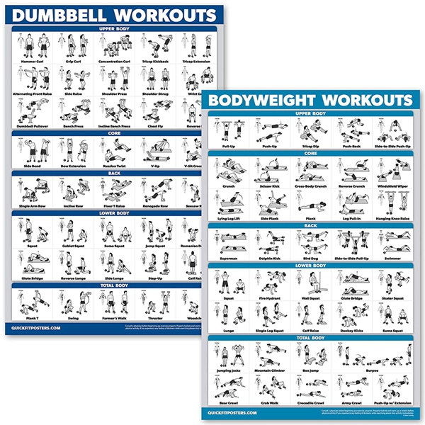 Racdde Dumbbell Workouts and Bodyweight Exercise Poster Set - Laminated 2 Chart Set - Dumbbell Exercise Routine & Body Weight Workouts 