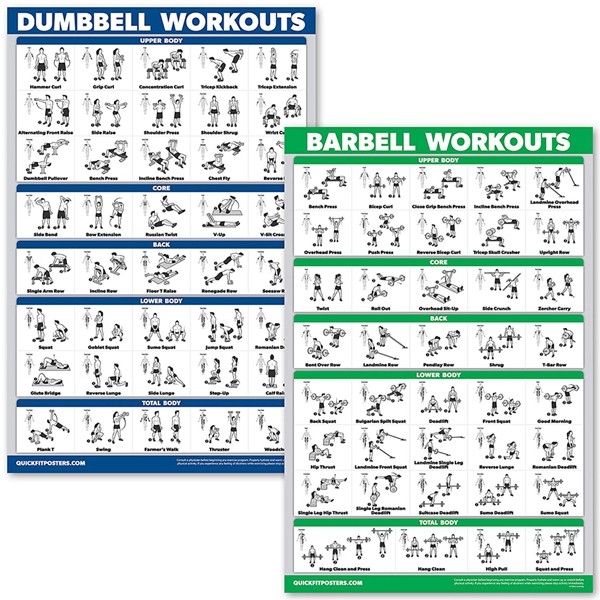 Racdde Dumbbell Workouts and Barbell Exercise Poster Set - Laminated 2 Chart Set - Dumbbell Exercise Routine & Barbell Workouts 