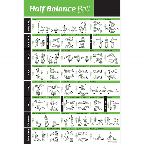 Racdde Half Balance Ball Workout Poster - Laminated :: Illustrated Guide with 40 Toning and Strengthening Exercises :: Hang in Your Home or Gym, for Men & Women, 20” x 30" 