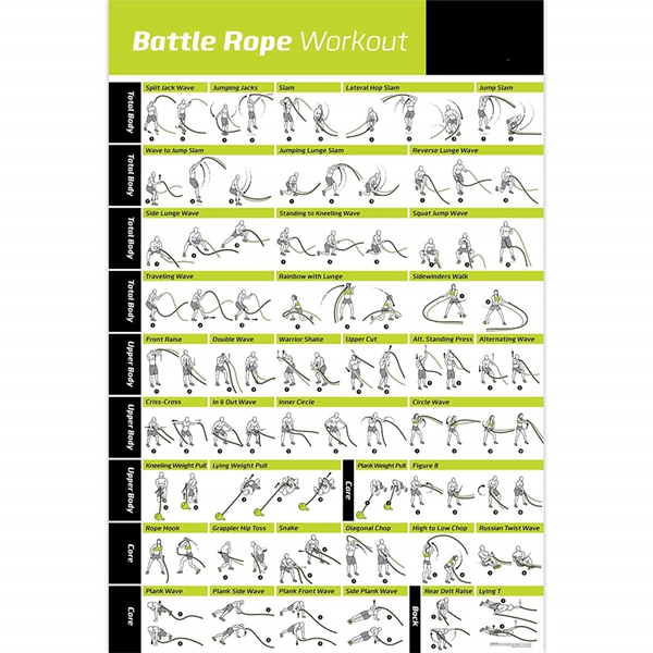 Racdde Laminated Battle Rope Exercise Poster for Home or Gym - 20"x30" :: Illustrated Guide with 40 Workout Exercises for Core, Upper Body, Total Body :: for Crossfit, Cardio Training, More 