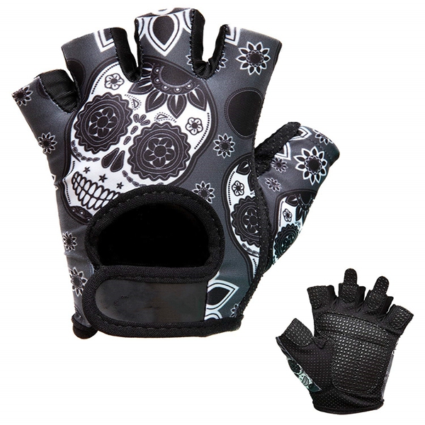 Racdde Womens Design Series Sugar Skull Lifting Gloves (Pair) - Lightweight Vegan Medium Padded Microfiber Amara Leather w/Griplock Silicone 