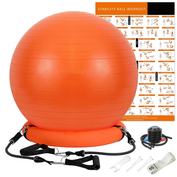 Racdde Exercise Ball Chair with Resistance Bands, Perfect for Office, Yoga, Balance, Fitness, Super Strong Holds 660lbs. Set Includes Stable Base, Workout Poster, Pump, Home Gym Bundle-65cm 