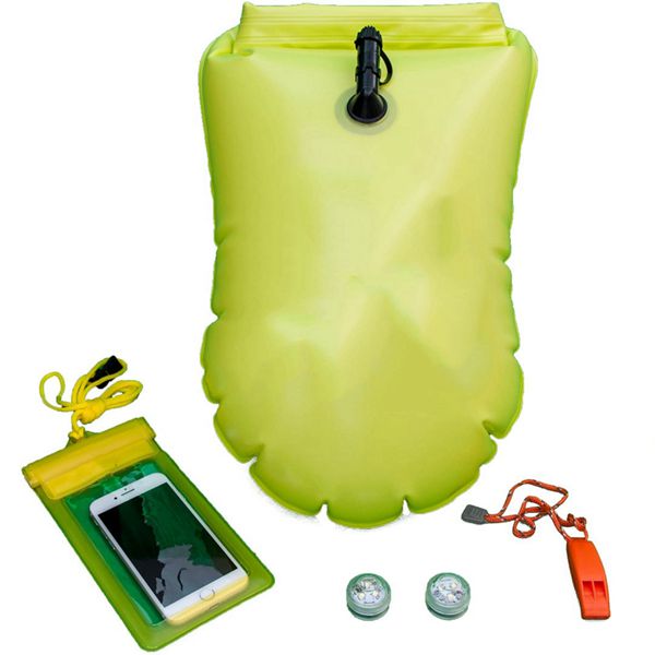 Racdde Inflatable Swimming Buoy - Safety Swimming Buoy w/Waterproof Phone case, 2 LED Lights (Night Visibility) and Whistle - Portable for Open Water - w/Waterproof Storage for Personal Items. 