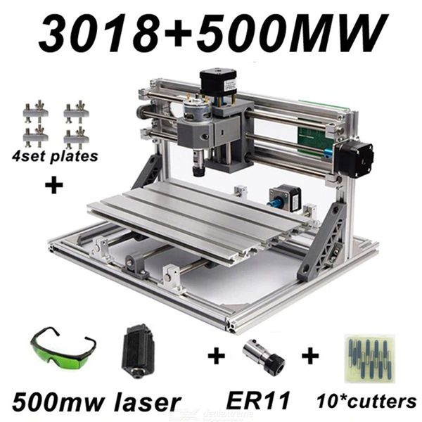 Racdde CNC3018 DIY Laser Engraving PCB Milling Machine Wood Carving Router(with ER11+10Pcs Cutters+500mw Laser+Protect Glass)
