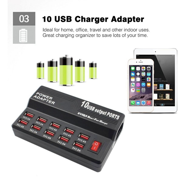 Racdde 40W 10A USB Fast Charge Smart Charger Power Adapter with 10 USB Output Ports - AC 100240V