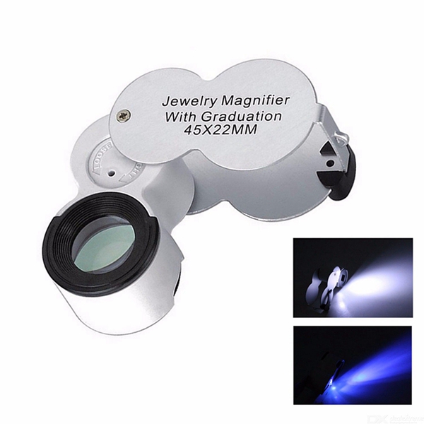 Racdde Durable Foldable 45X 22mm Jeweller Magnifying Glass, UV LED Light Magnifier Loupe