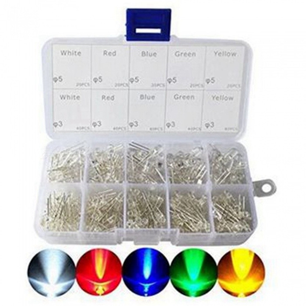 Racdde 300PC/Lot 3mm 5mm Led Kit with Box, Mixed Color Red Green Yellow Blue White Light Emitting Diode Assortment 