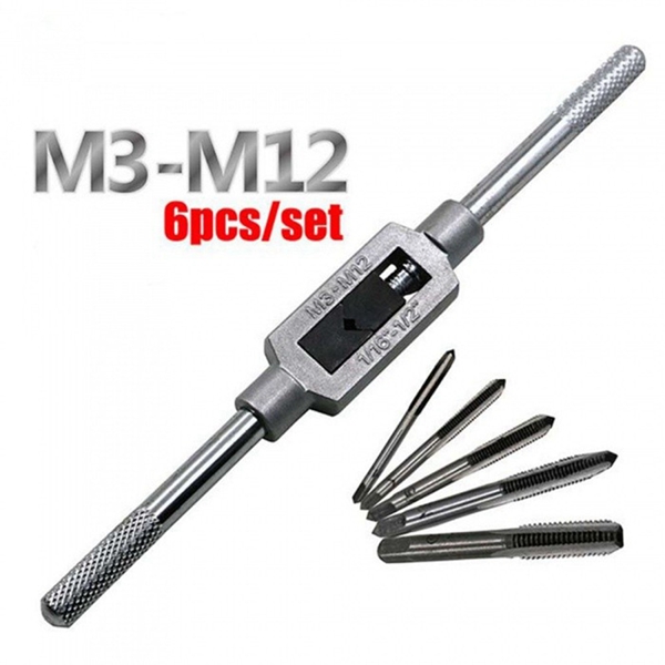Racdde 6PCS 3F Hand Screw Thread Metric Plug Tap Set M3 M4 M5 M6 M8 with Adjustable Tap Wrench
