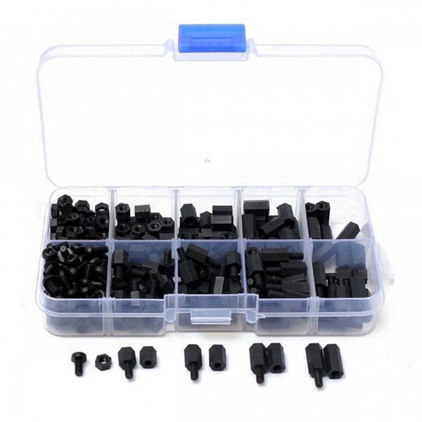 Racdde 300Pcs M3 Nylon Black M-F Hex Spacers Screw Nut Assortment Kit, Stand-off Set with Plastic Storage Box black
