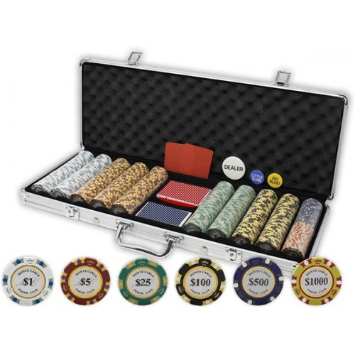 Racdde Monte Carlo Poker Club Set of 500 14 Gram 3 Tone Chips with Aluminum Case, Cards, 2 Cut Cards, Dealer and Blind Buttons 