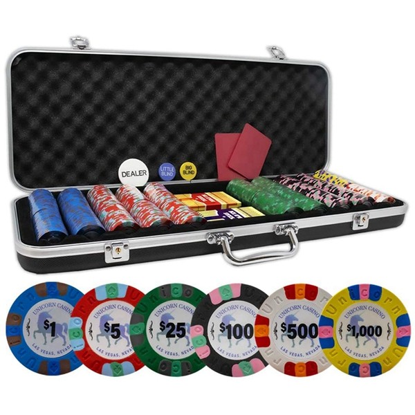Racdde Unicorn All Clay Poker Chip Set with 500 Authentic Casino Weighted 8.5 Gram Chips, Black ABS Case, 2 Decks of Plastic Playing Cards, Dealer Buttons and 2 Cut Cards 