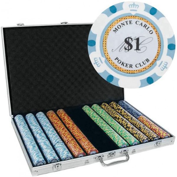 Racdde 1,000 Ct Monte Carlo Poker Set - 14g Clay Composite Chips with Aluminum Case, Playing Cards, & Dealer Button 