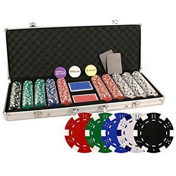 Racdde Set of 500 11.5 Gram Poker Chips with Aluminum Case, 3 Dealer Buttons, 2 Decks of Playing Cards and 2 Cut Cards 