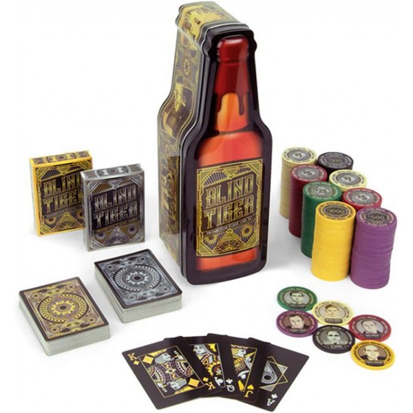 Racdde Blind Tiger Prohibition Poker Chip Set - 2 Decks Gangster and Roaring Twenties Themed Playing Cards and 200 Poker Chips in Whiskey Bottle Gift Tin 