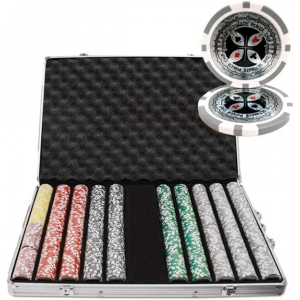 Racdde 1,000 Ct Ultimate Pro Set - 14g Clay Composite Chips with Aluminum Case, Playing Cards, Dealer Button 