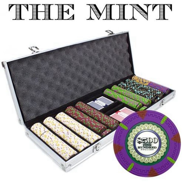 500 Count 'The Mint' Poker Chips in Aluminum Carrying Case, 13.5g Clay Composite Chips – Deluxe Set w/ 2 Playing Card Decks, Dealer Button, & 5 Dice by Racdde 