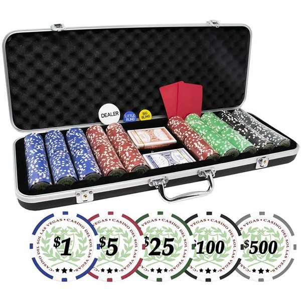 Racdde Professional Set of 500 11.5 Gram Casino Del Sol Poker Chips with Denominations and Upgraded Ding Proof Black ABS Case 