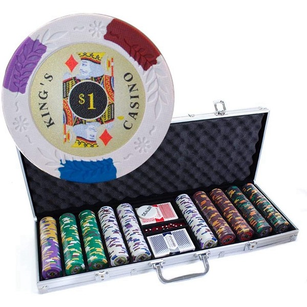 Racdde 500 Count Kings Casino Poker Set - 14 Gram Clay Composite Chips with Aluminum Case, Playing Cards, Dealer Button for Texas Hold’em, Blackjack, Casino Games 